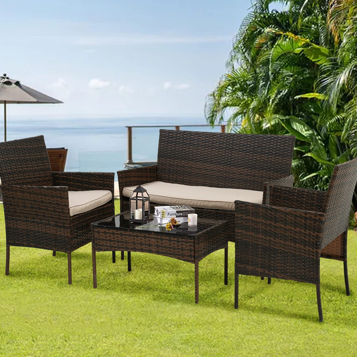 BestOffice Patio Furniture 4 Pieces Outdoor Indoor Use Rattan Chairs Wicker Patio Loveseats Conversation Sets with Table and Beige Cushions for Backyard Lawn Porch Garden Balcony,Blue