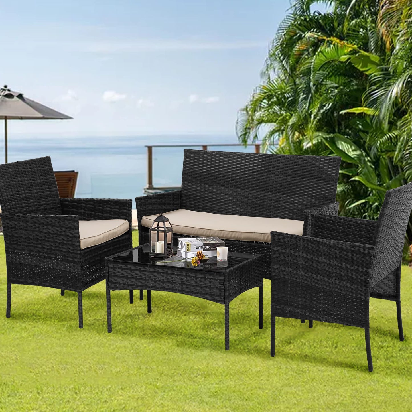 BestOffice Patio Furniture 4 Pieces Outdoor Indoor Use Rattan Chairs Wicker Patio Loveseats Conversation Sets with Table and Beige Cushions for Backyard Lawn Porch Garden Balcony,Blue
