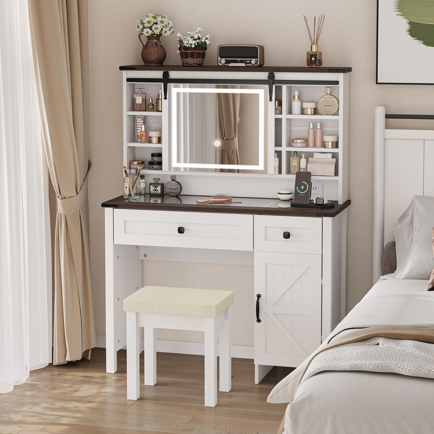 Semiocthome Farmhouse Makeup Vanity with Power Outlet 42"W Glass Top Vanity Desk with Sliding Mirror and Lights White Vanity Table with Adjustable Shelves and Side Cabinet Girls Vanity Set for Bedroom