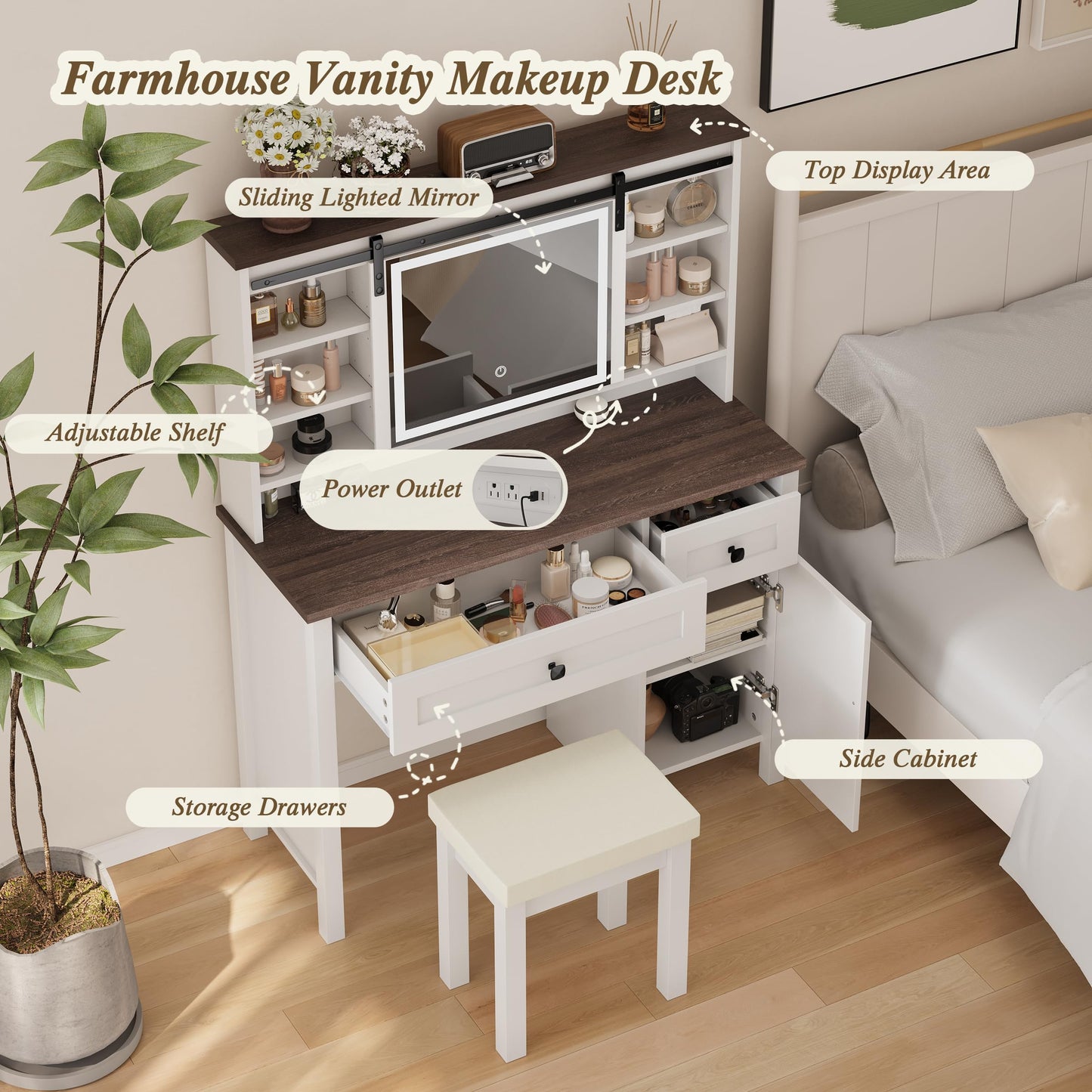 Semiocthome Farmhouse Makeup Vanity with Power Outlet 42"W Glass Top Vanity Desk with Sliding Mirror and Lights White Vanity Table with Adjustable Shelves and Side Cabinet Girls Vanity Set for Bedroom