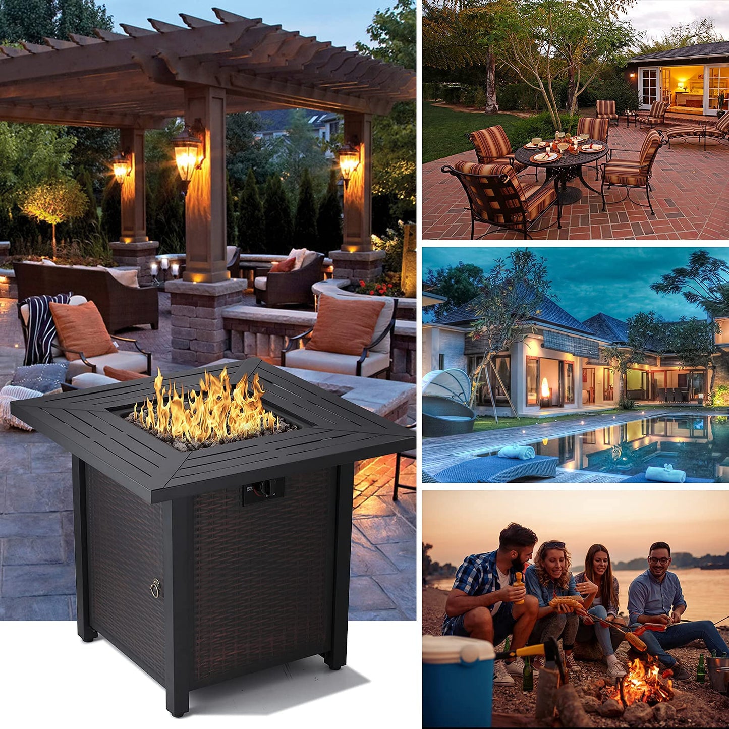 Propane Fire Pit Table, 28 Inch 50,000 BTU Auto-Ignition Gas Fire Pit Table, CSA Certification, Rattan-Look with 6.6 Lbs Lave Rock for Garden/Patio/Porch/Backyard.