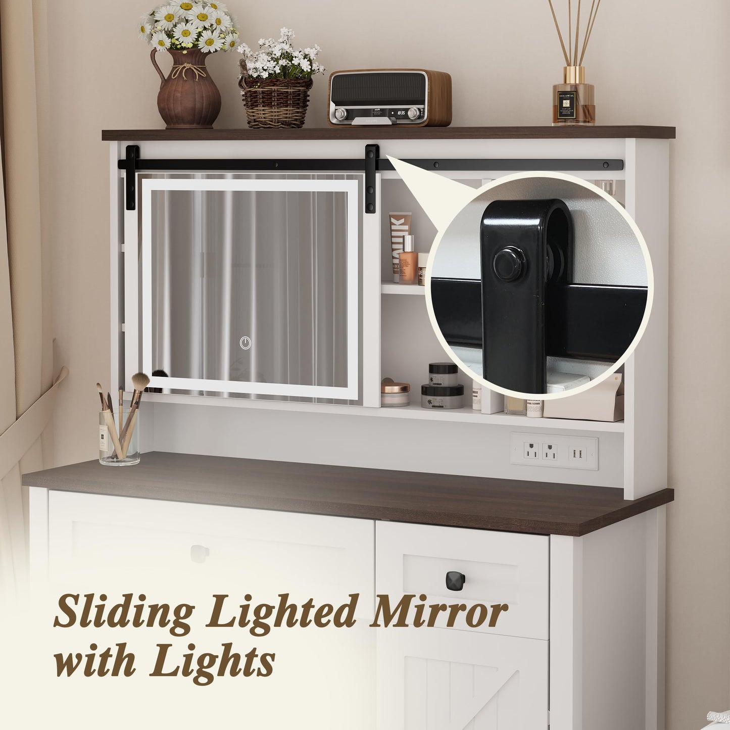 Semiocthome Farmhouse Makeup Vanity with Power Outlet 42"W Glass Top Vanity Desk with Sliding Mirror and Lights White Vanity Table with Adjustable Shelves and Side Cabinet Girls Vanity Set for Bedroom
