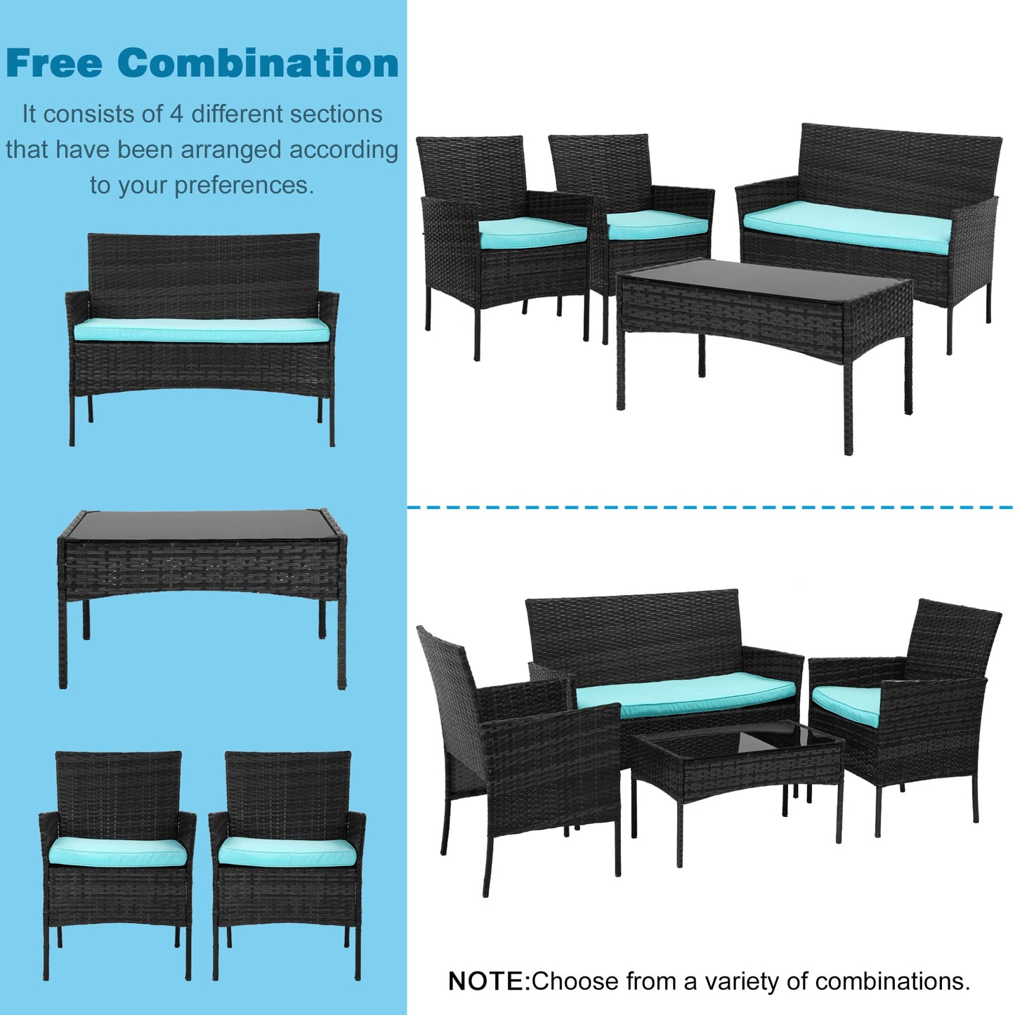 BestOffice Patio Furniture 4 Pieces Outdoor Indoor Use Rattan Chairs Wicker Patio Loveseats Conversation Sets with Table and Beige Cushions for Backyard Lawn Porch Garden Balcony,Blue