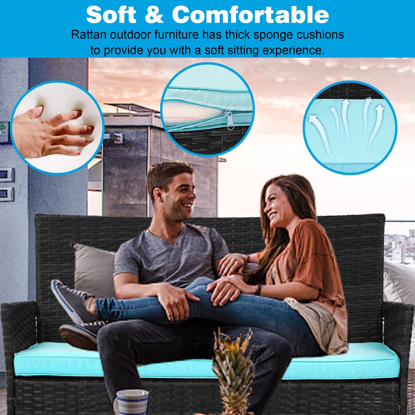 BestOffice Patio Furniture 4 Pieces Outdoor Indoor Use Rattan Chairs Wicker Patio Loveseats Conversation Sets with Table and Beige Cushions for Backyard Lawn Porch Garden Balcony,Blue