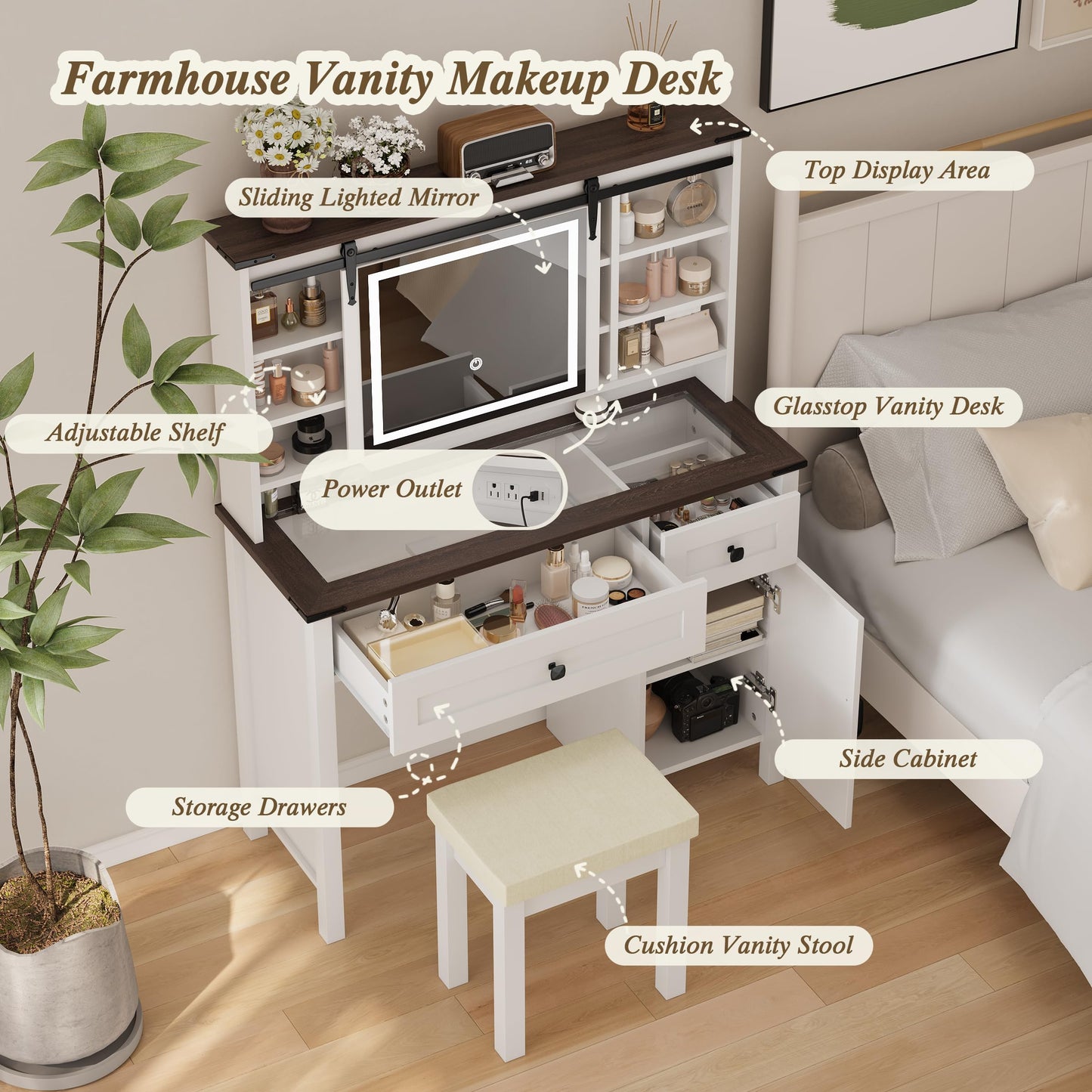Semiocthome Farmhouse Makeup Vanity with Power Outlet 42"W Glass Top Vanity Desk with Sliding Mirror and Lights White Vanity Table with Adjustable Shelves and Side Cabinet Girls Vanity Set for Bedroom