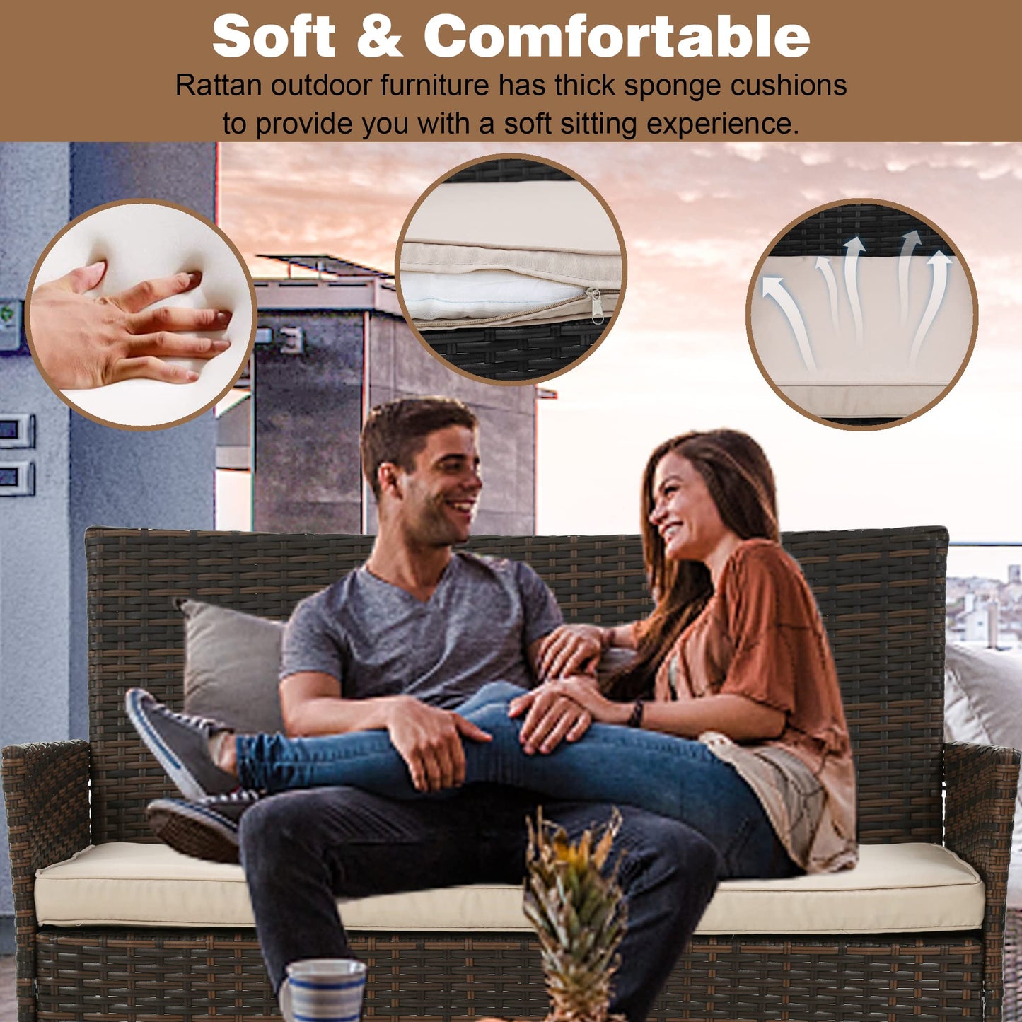 BestOffice Patio Furniture 4 Pieces Outdoor Indoor Use Rattan Chairs Wicker Patio Loveseats Conversation Sets with Table and Beige Cushions for Backyard Lawn Porch Garden Balcony,Blue