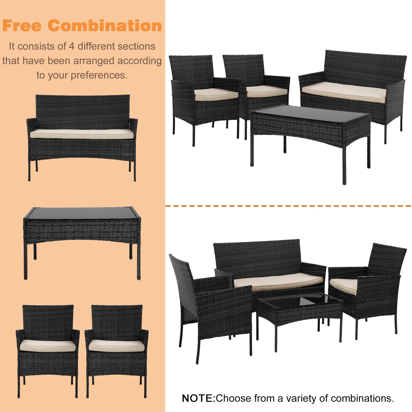 BestOffice Patio Furniture 4 Pieces Outdoor Indoor Use Rattan Chairs Wicker Patio Loveseats Conversation Sets with Table and Beige Cushions for Backyard Lawn Porch Garden Balcony,Blue