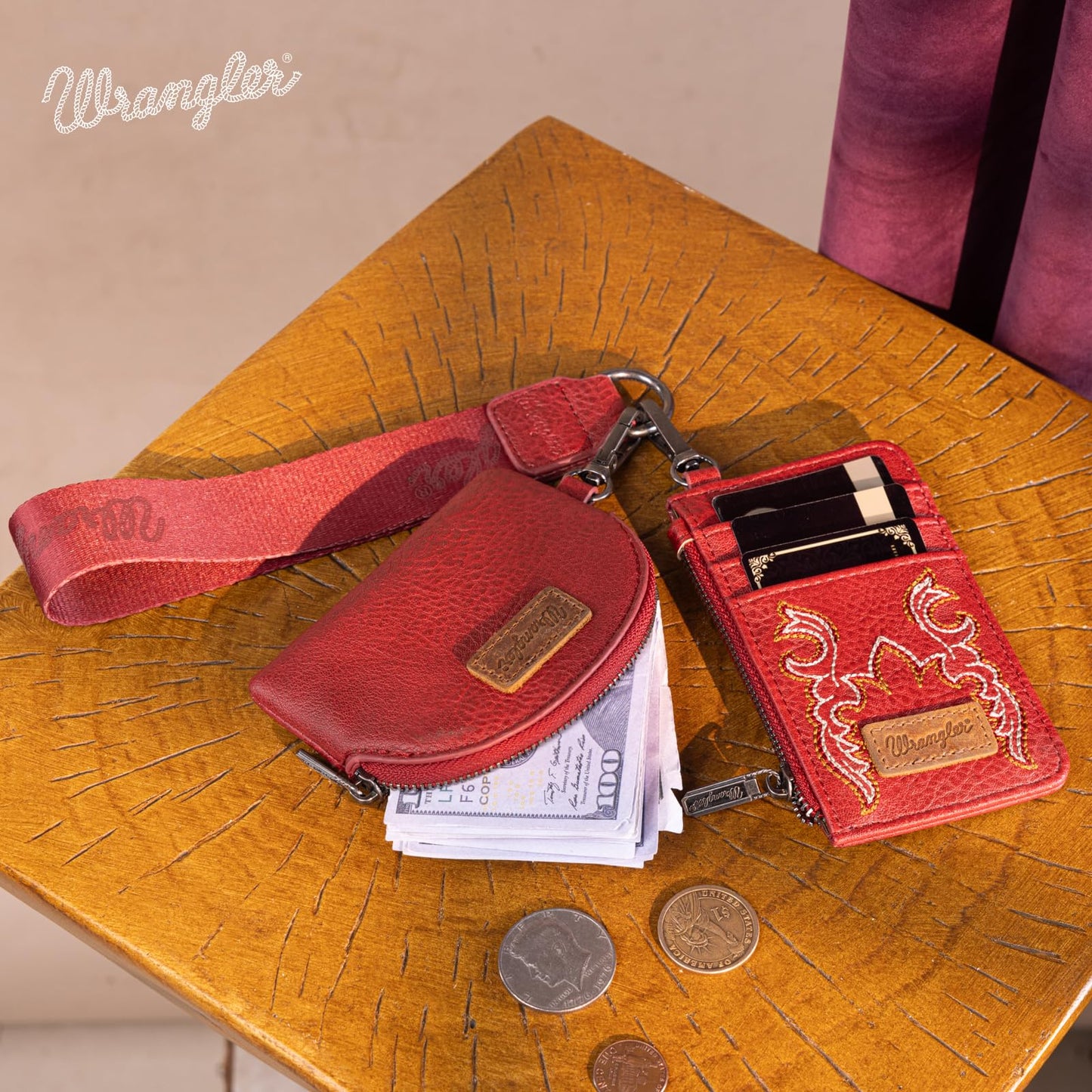 Wrangler Keychain Wristlet Wallets for Women Western Dual Pouch Wristlet Credit Card Holder Wallet WG145-W007LP