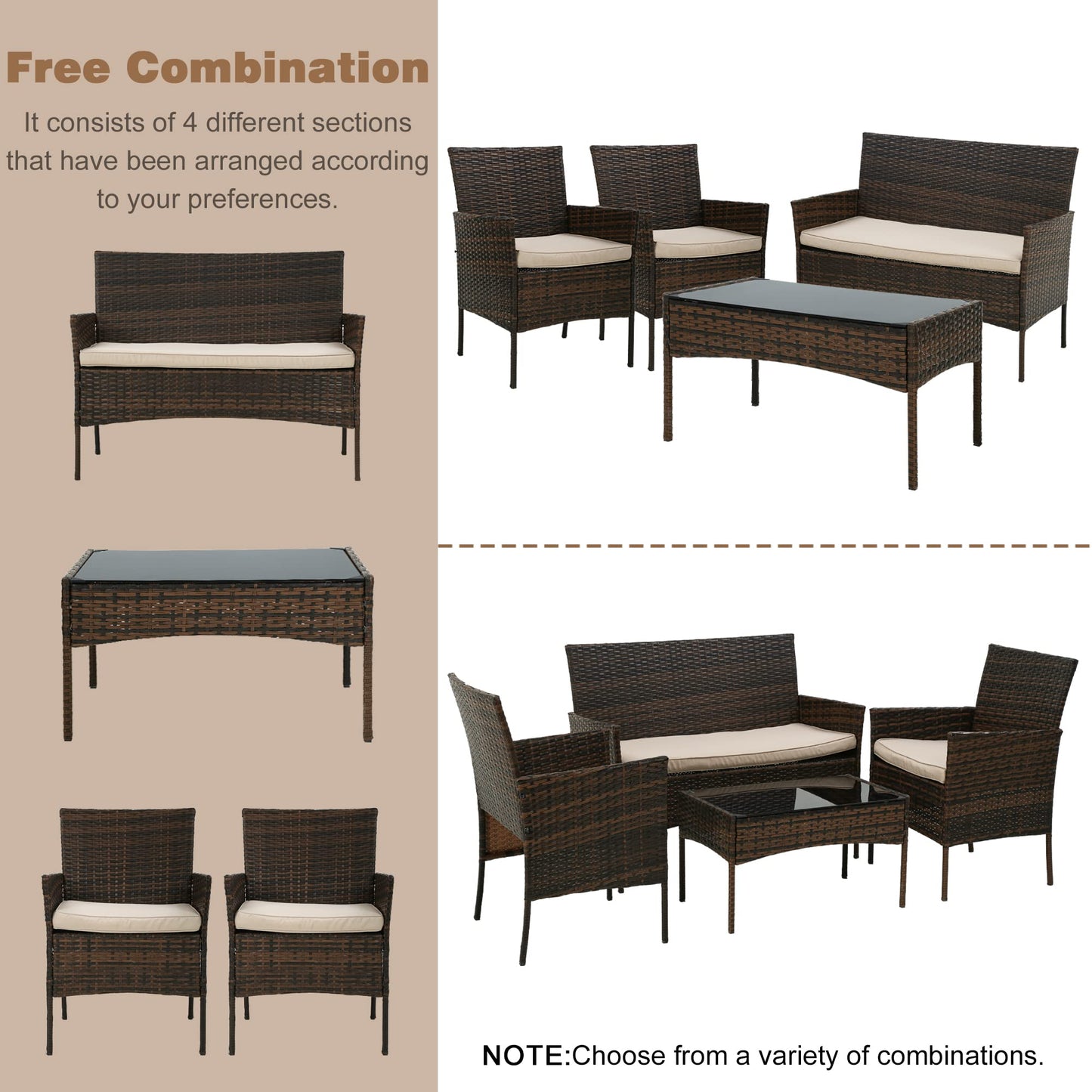 BestOffice Patio Furniture 4 Pieces Outdoor Indoor Use Rattan Chairs Wicker Patio Loveseats Conversation Sets with Table and Beige Cushions for Backyard Lawn Porch Garden Balcony,Blue