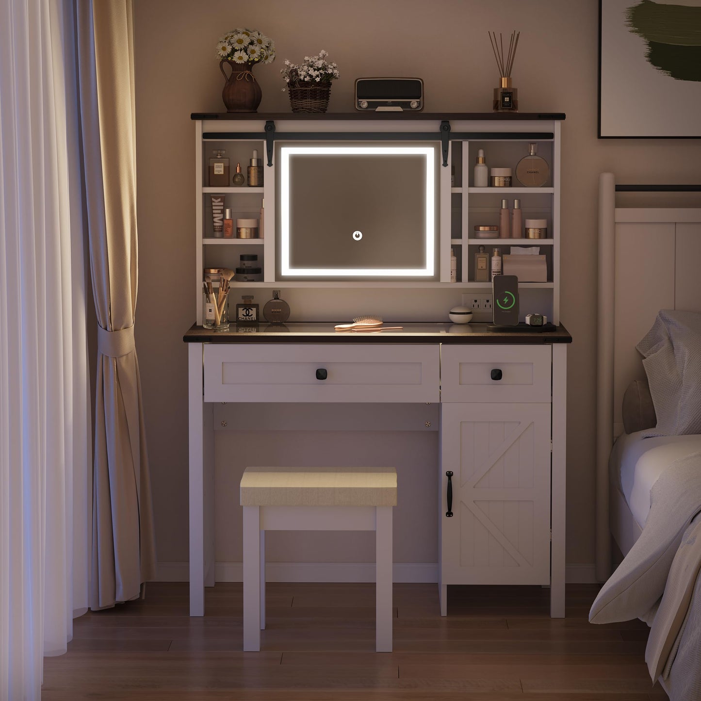 Semiocthome Farmhouse Makeup Vanity with Power Outlet 42"W Glass Top Vanity Desk with Sliding Mirror and Lights White Vanity Table with Adjustable Shelves and Side Cabinet Girls Vanity Set for Bedroom