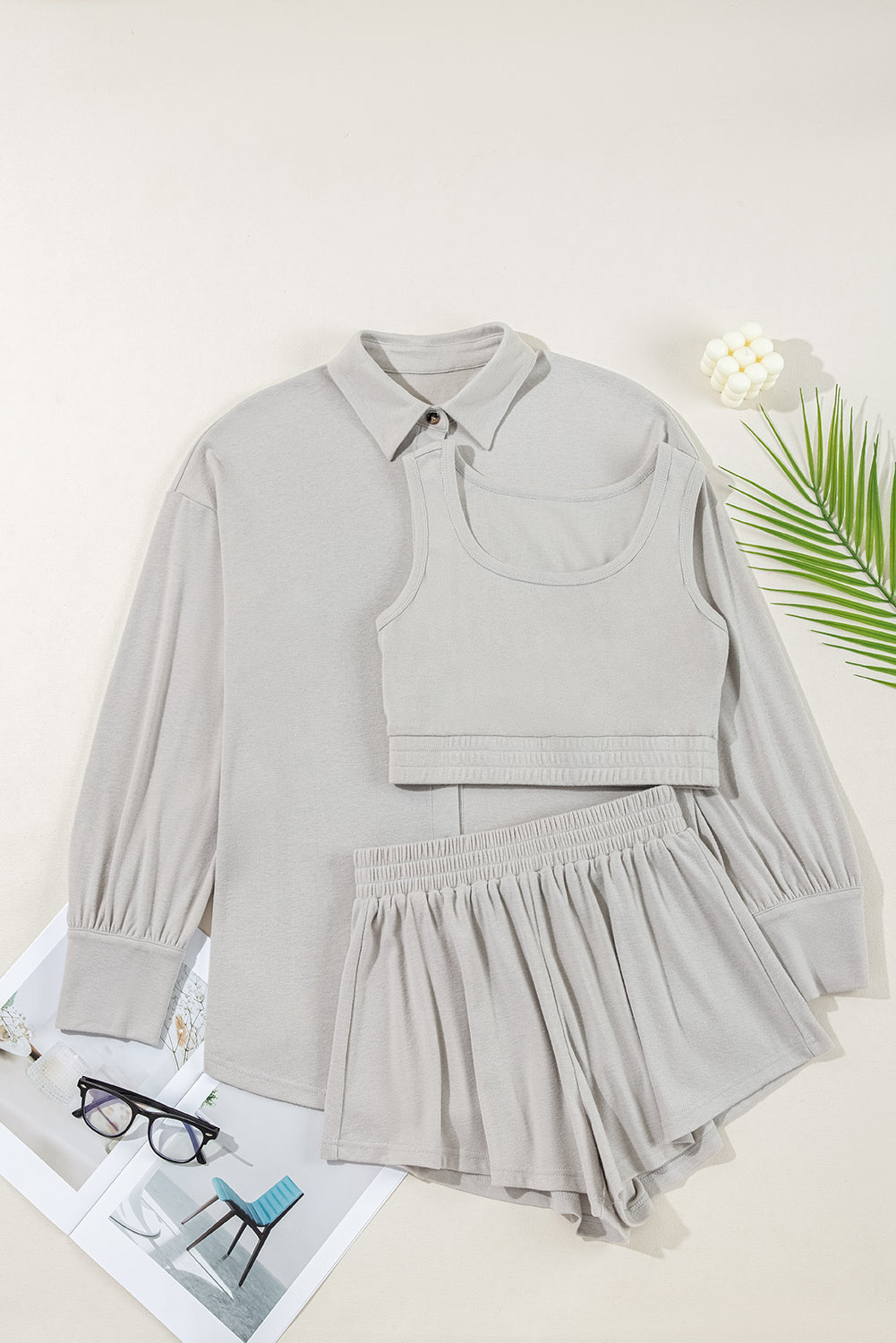 Gray 3 Pcs Crop Tank Top Shorts with Cardigan Lounge Set !