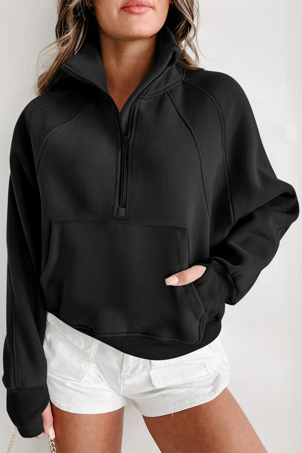 Black Fleece Lined Zip Up Sleeve Sweatshirt