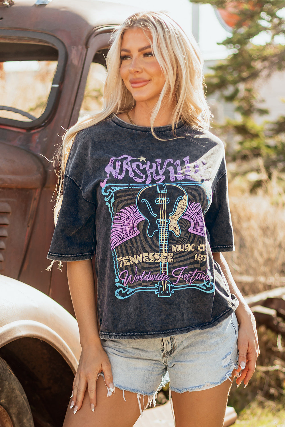 Black Nashville Tennessee Graphic Mineral Washed Vintage Tee