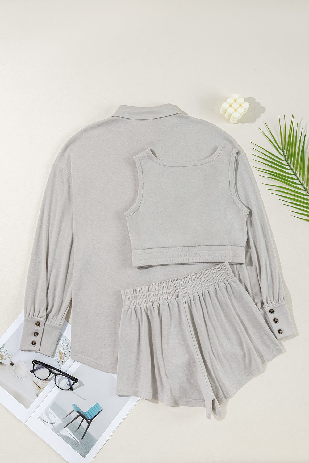Gray 3 Pcs Crop Tank Top Shorts with Cardigan Lounge Set !