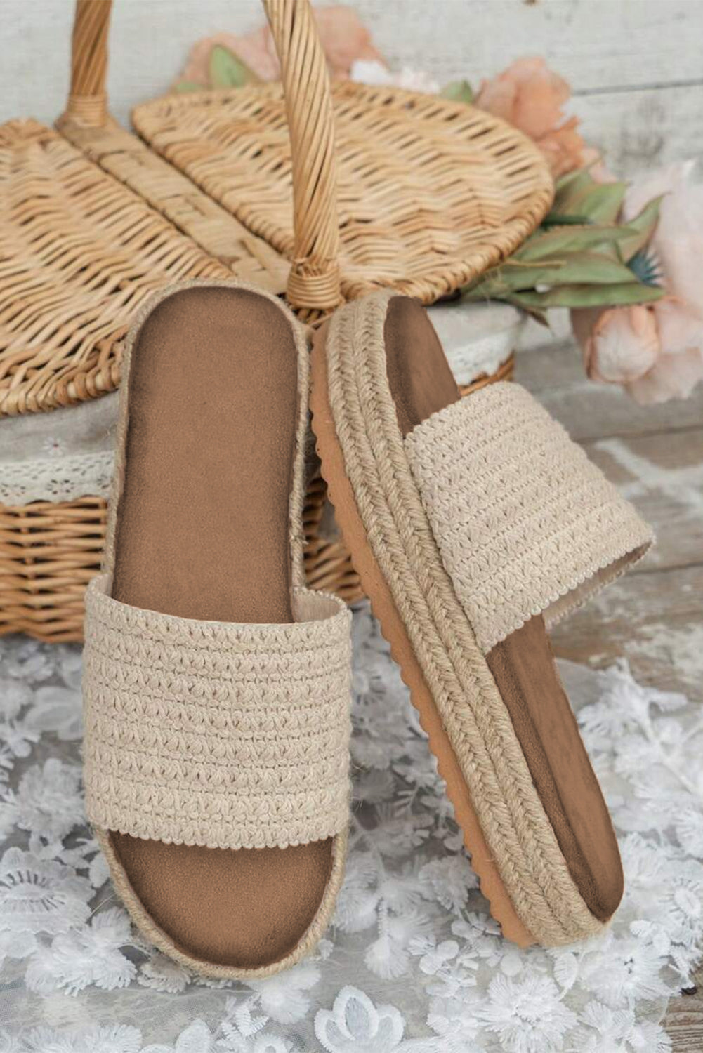 White Boho Woven Non-slip Wedge slides