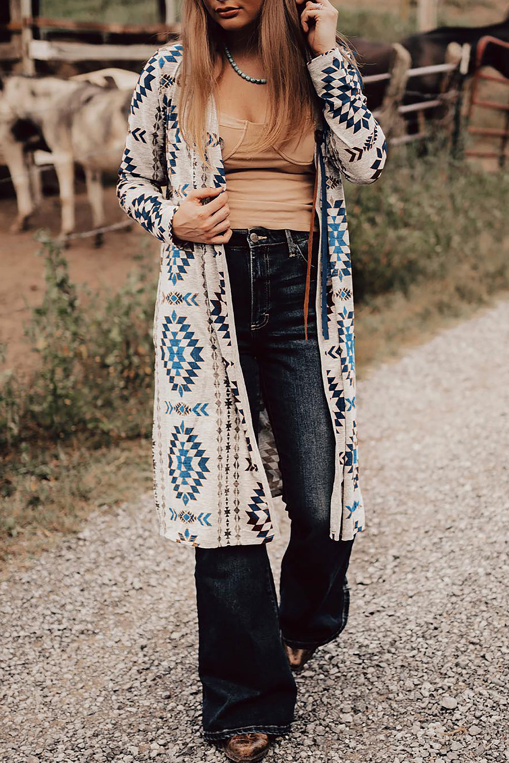 Sky Blue Western Open Front Long Cardigan