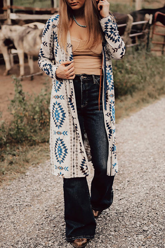 Sky Blue Western Open Front Long Cardigan