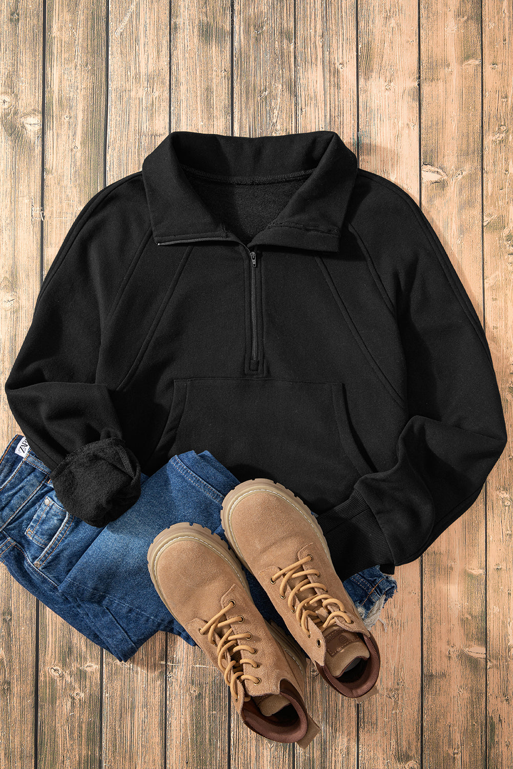 Black Fleece Lined Zip Up Sleeve Sweatshirt